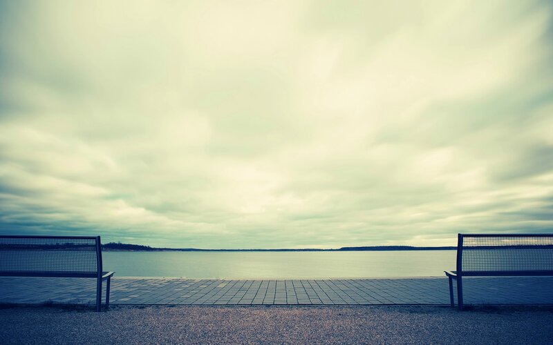Two Benches by Water — Gray