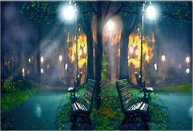 Two Benches in Park — Green