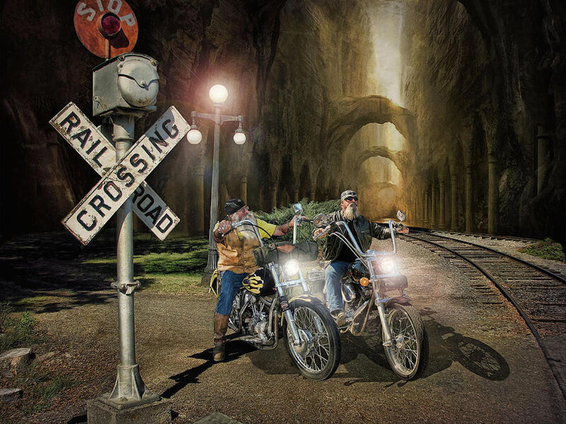 Two Bikers on Motorcycles — Brown