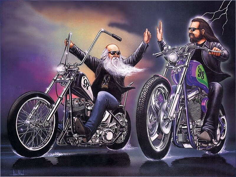 Two Bikers on Motorcycles — Purple