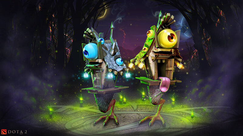 Two Bird-like Creatures — Green, Dark