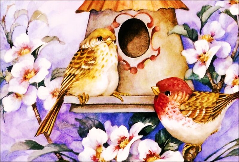Two Birds at Birdhouse — Purple
