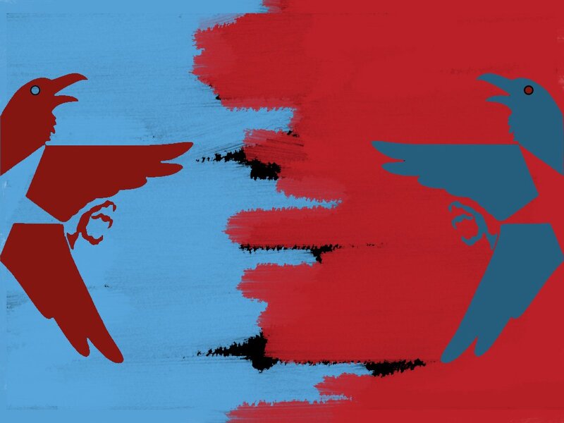 Two Birds Facing Each Other — Red