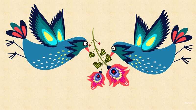 Two Birds Feeding — Blue