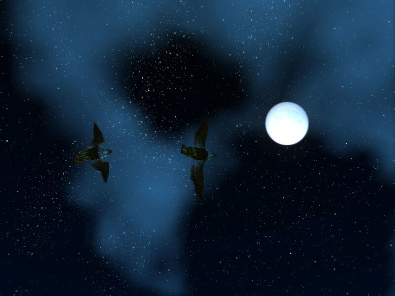Two birds flying under moonlight