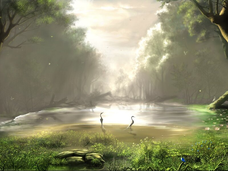 Two Birds in a Forest — Green, Serene, Morning, Digital Art