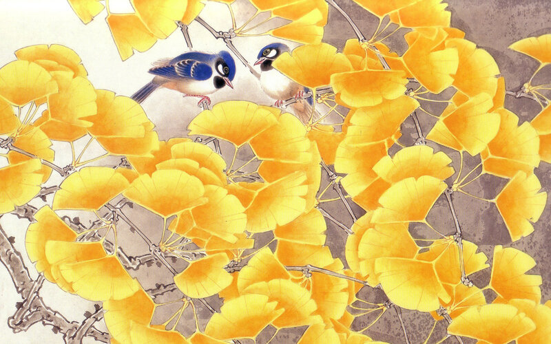 Two Birds in Ginkgo Leaves