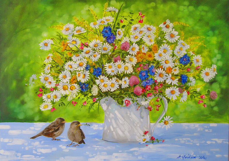 Two Birds Near Flowers