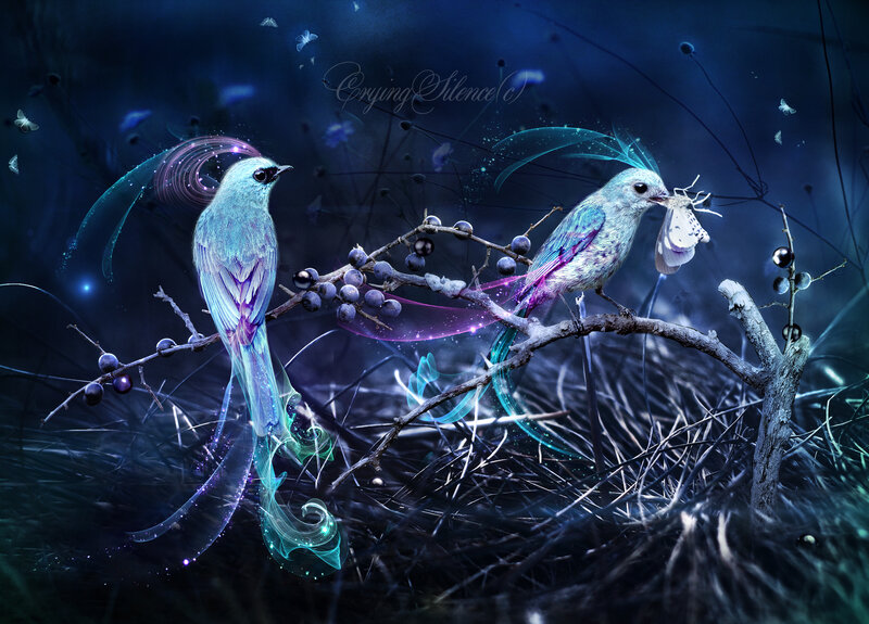 Two Birds on a Branch — Blue, Mystical