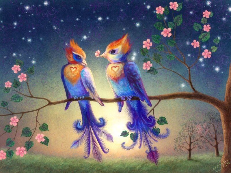 Two Birds on a Branch — Blue, Serene, Night, Digital Art