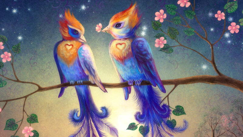 Two Birds on a Branch — Blue, Serene, Night