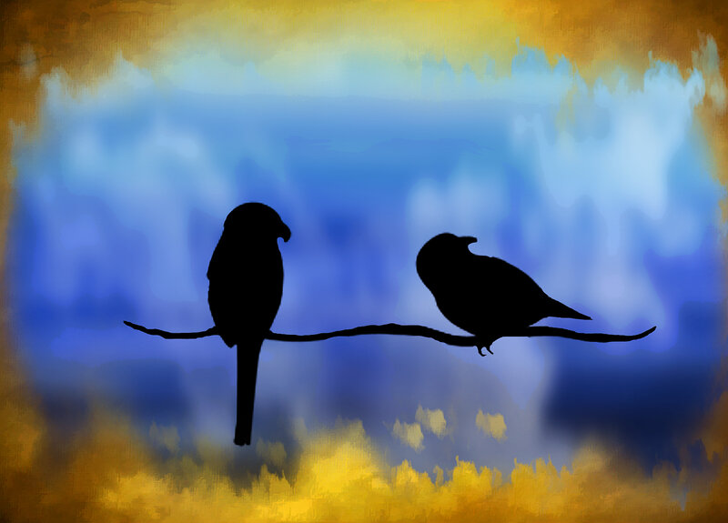Two Birds on a Branch — Blue, Serene, Sunset
