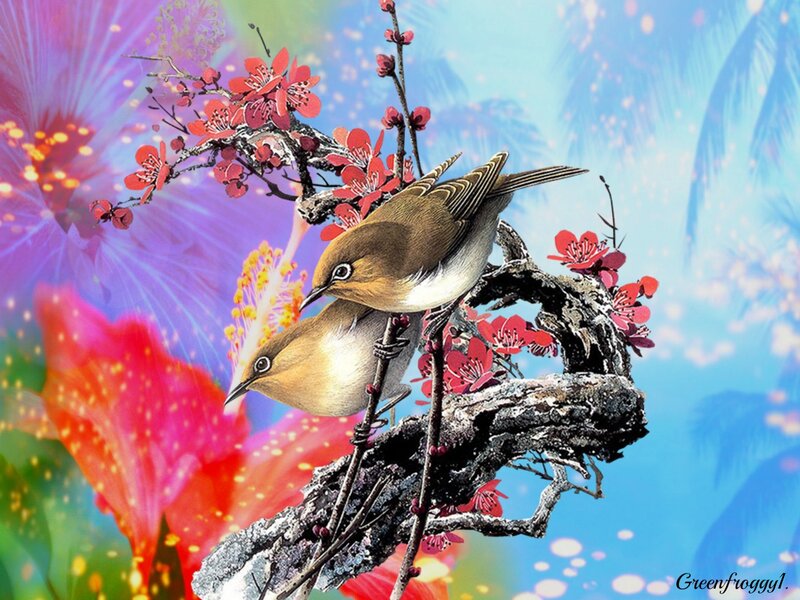 Two Birds on a Branch — Blue, Vibrant