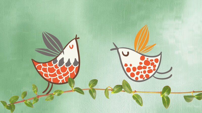 Two Birds on a Branch — Green, Calm, Illustration