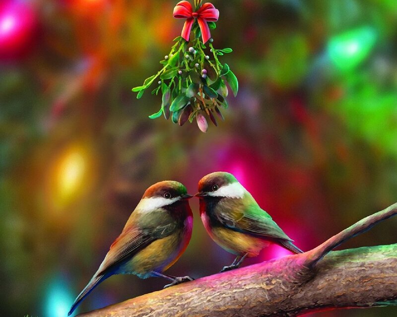 Two Birds on a Branch — Green, Festive