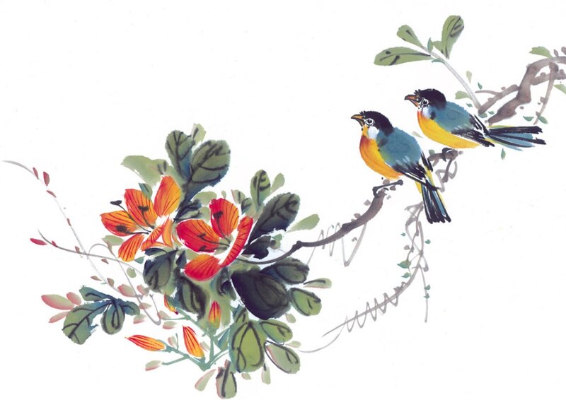 Two Birds on a Branch — Green, Serene, Painting