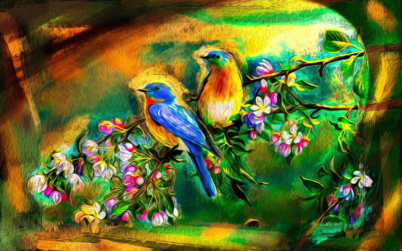 Two Birds on a Branch — Green, Vibrant