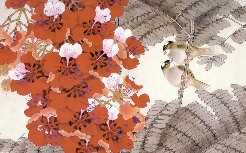 Two Birds on a Branch — Orange, Serene, Painting
