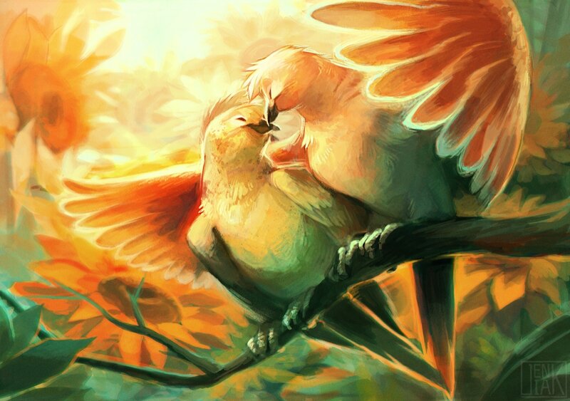 Two Birds on a Branch — Orange, Serene, Sunset