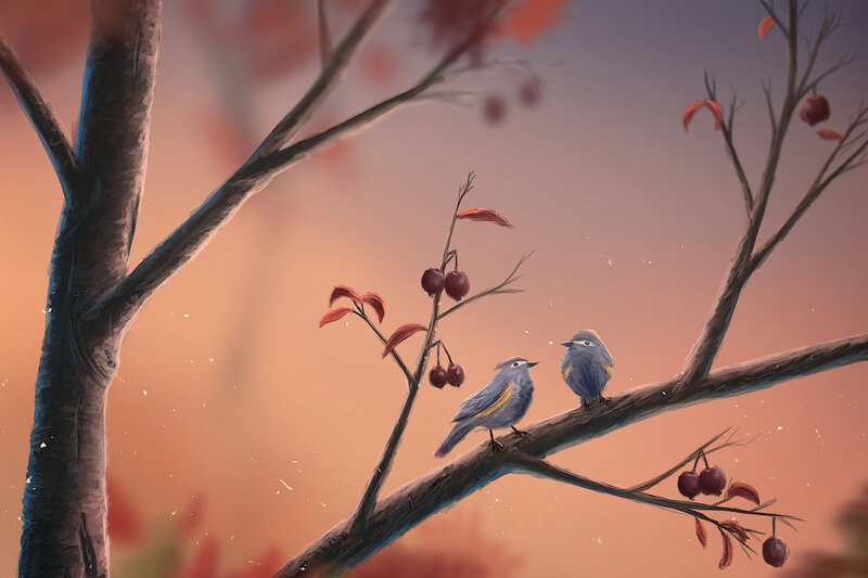 Two Birds on a Branch — Orange, Serene