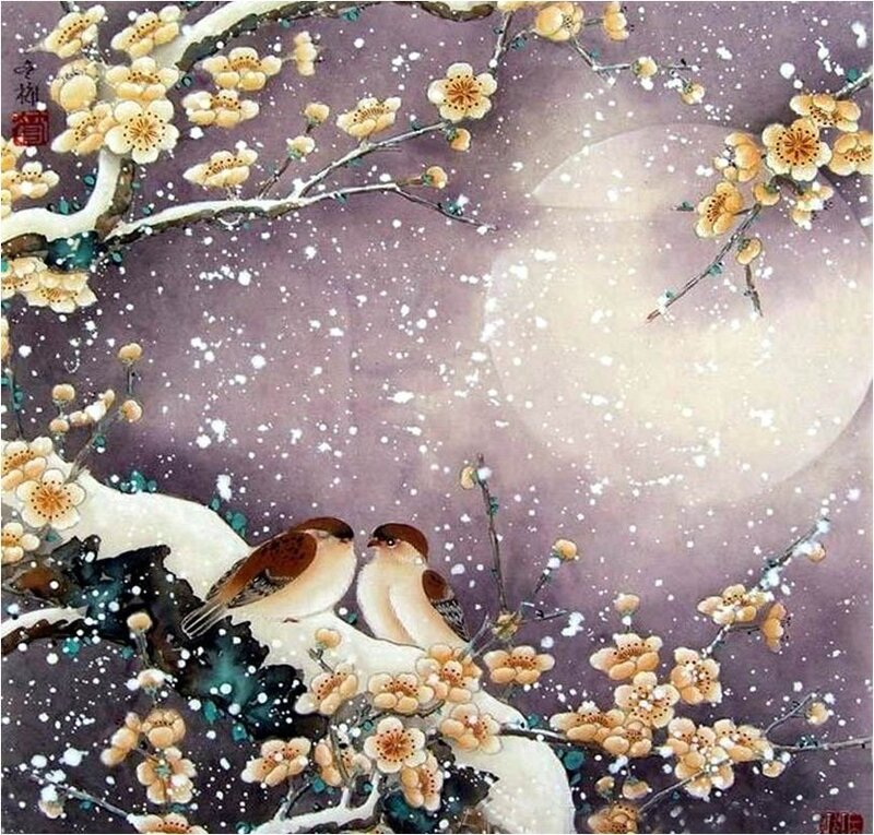 Two Birds on a Branch — Purple, Serene