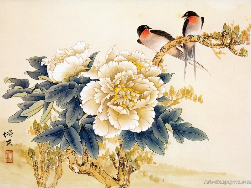 Two Birds on a Branch — White