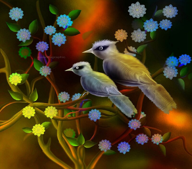 Two Birds on a Branch — Yellow, Serene, Digital Art