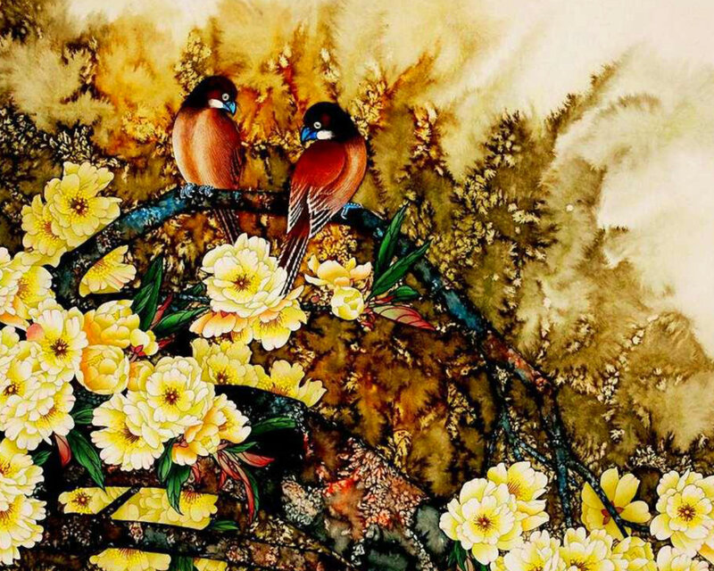 Two Birds on a Branch — Yellow, Serene, Spring, Painting