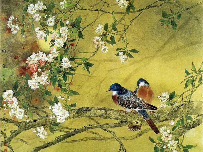 Two Birds on a Branch — Yellow, Serene, Spring