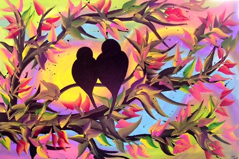 Two Birds on a Branch — Yellow, Vibrant