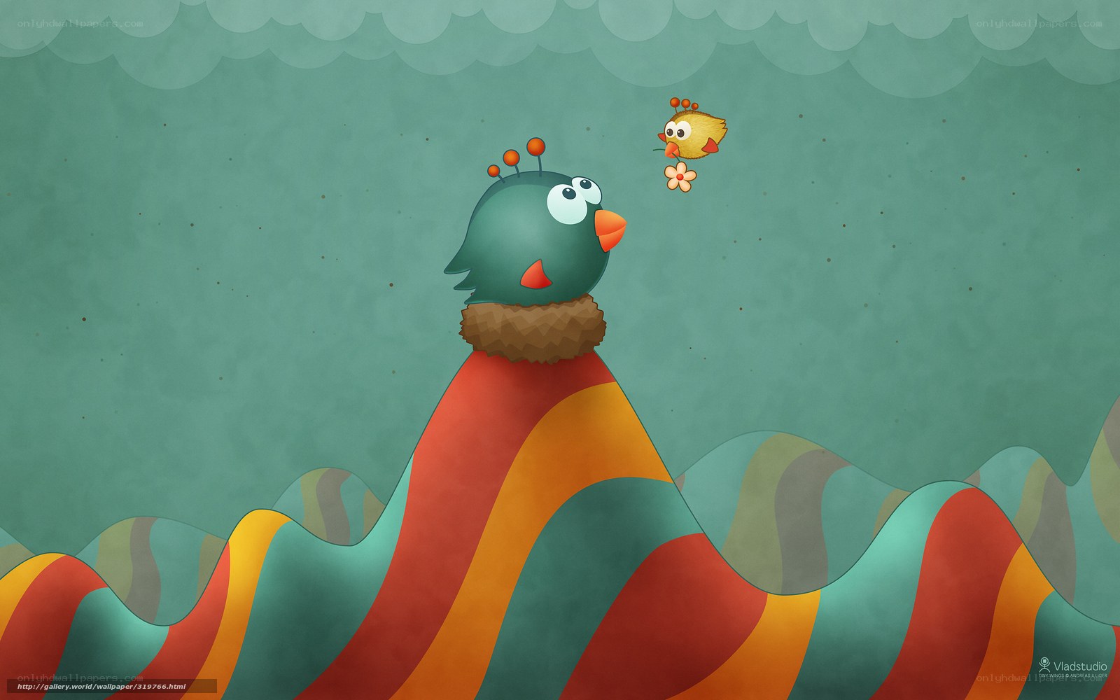 Two birds on a colorful hill