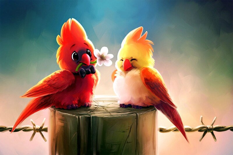 Two Birds on a Post — Red