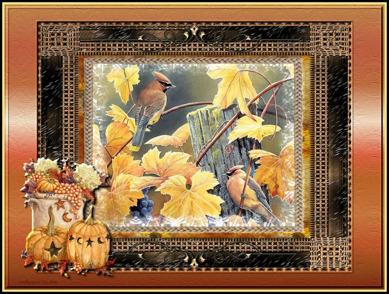 Two Birds on Autumn Leaves