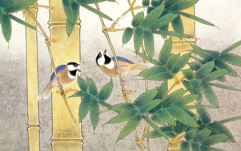 Two Birds on Bamboo — Green, Serene, Painting