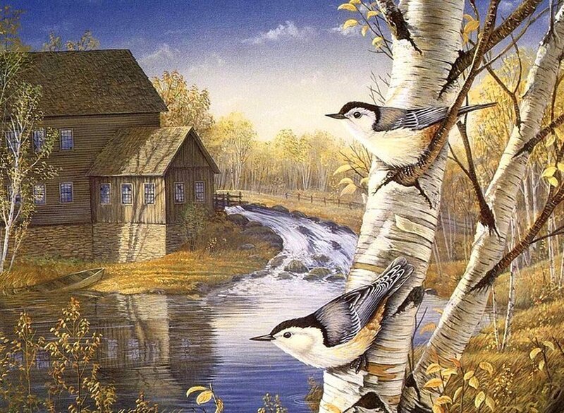 Two Birds on Birch Tree — Blue