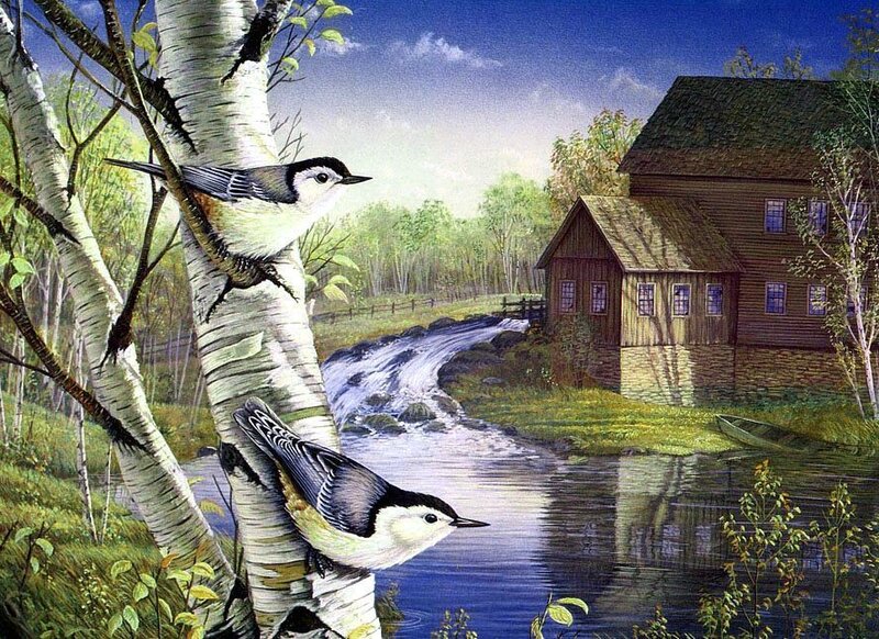 Two Birds on Birch Tree — Green
