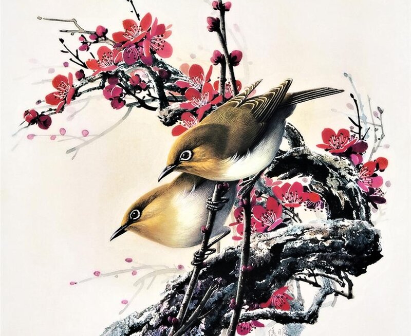 Two Birds on Blossoms — Red, Serene
