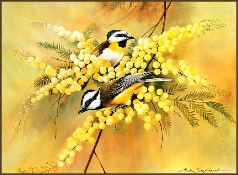 Two Birds on Blossoms — Yellow, Serene, Spring