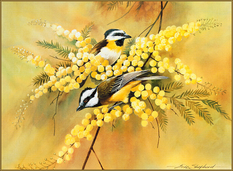 Two Birds on Blossoms — Yellow