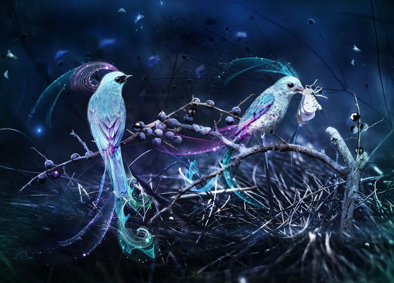 Two Birds on Branch — Blue, Mystical