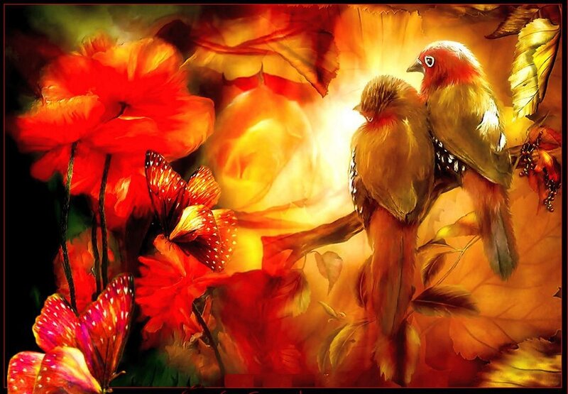 Two Birds on Branch — Red, Warm