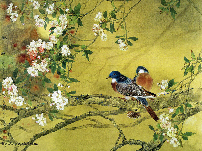 Two Birds on Branch — Yellow