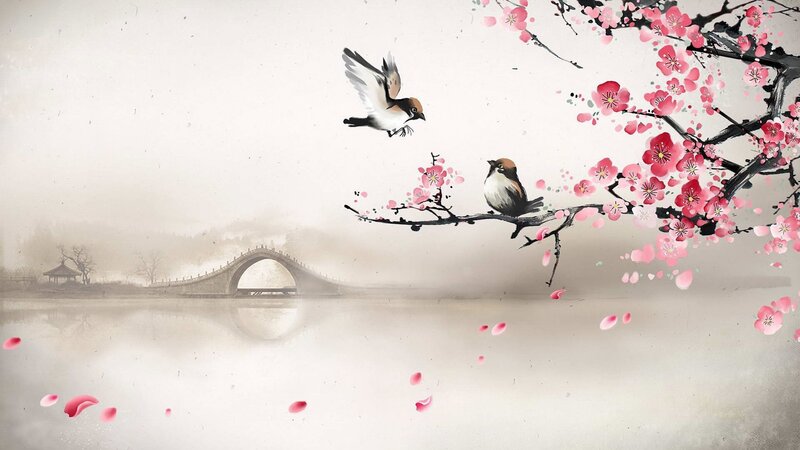 Two Birds on Cherry Branch — Pink, Serene