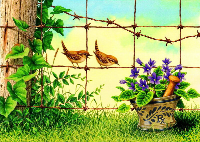 Two Birds on Fence — Green