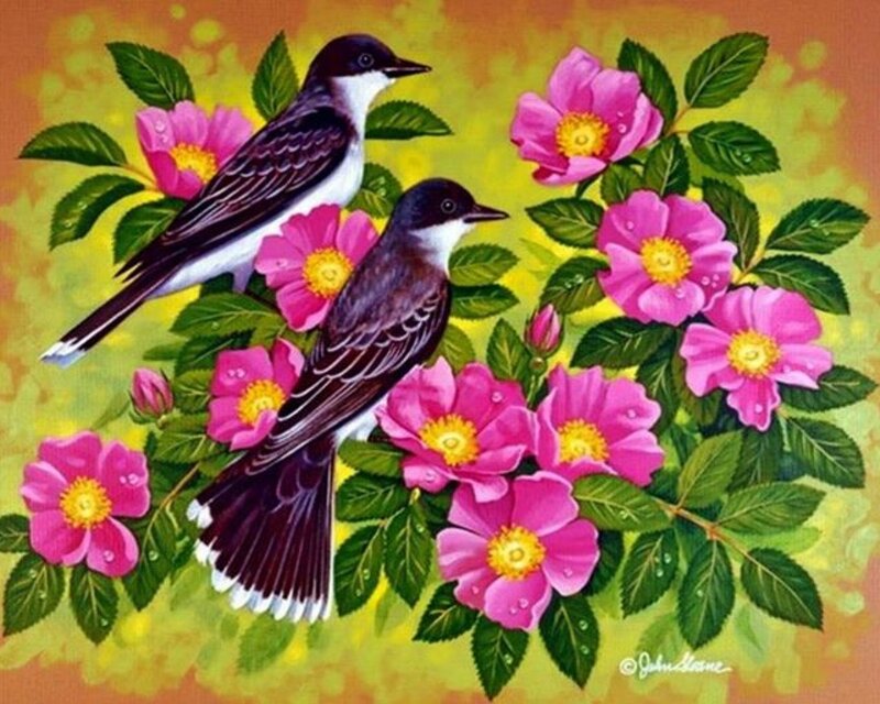 Two Birds on Flowers — Pink, Serene, Spring