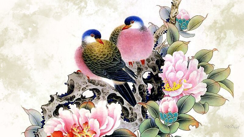 Two Birds on Flowers — Pink, Serene