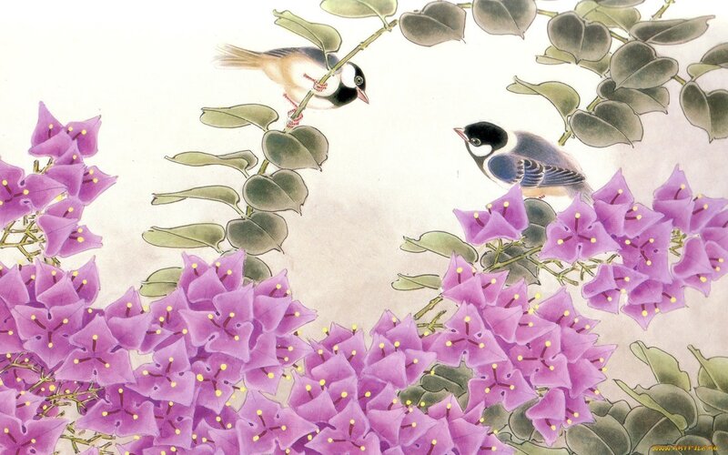 Two Birds on Flowers — Purple