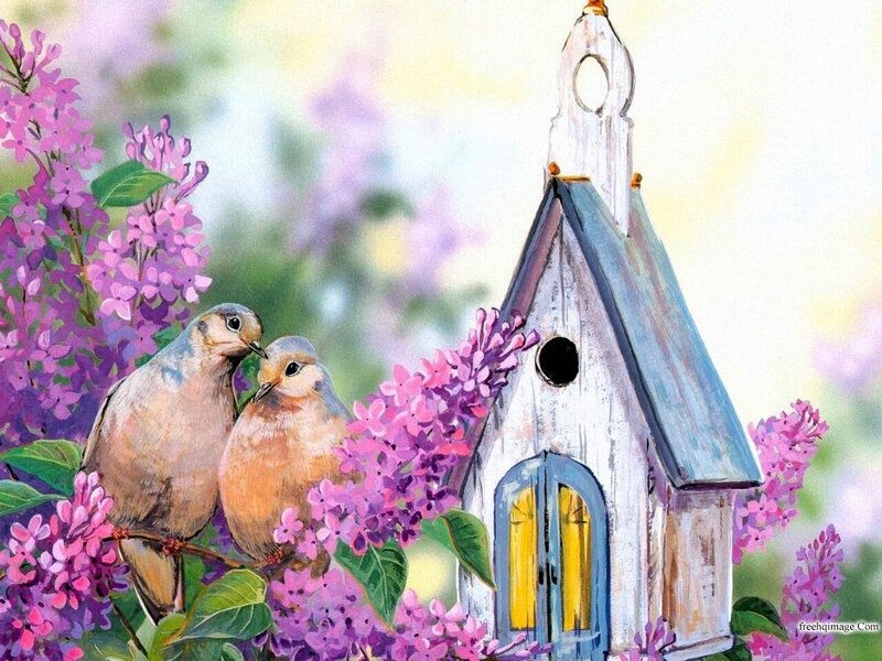Two Birds on Lilac — Purple, Serene