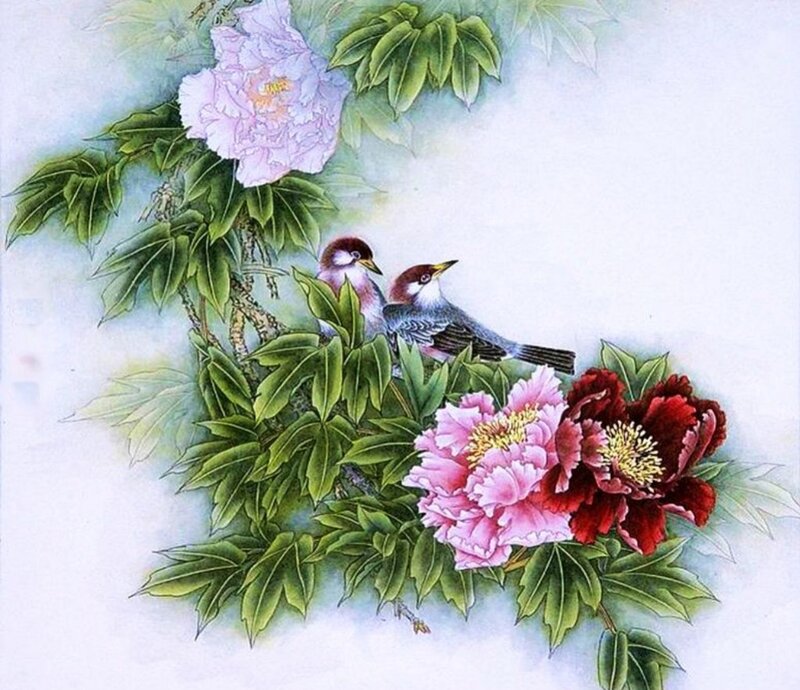 Two Birds on Peony Bush