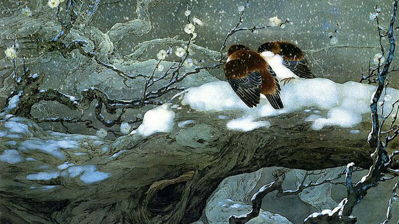Two Birds on Snow-covered Branch